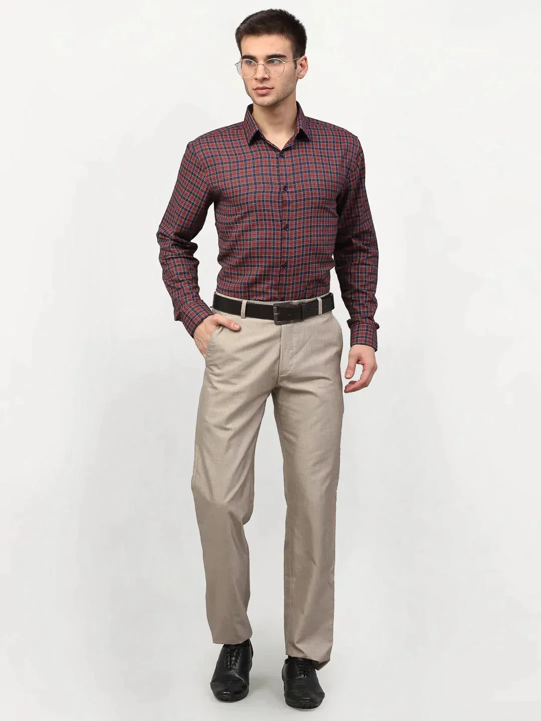 Men's Maroon Checked Formal Shirts - Taantav