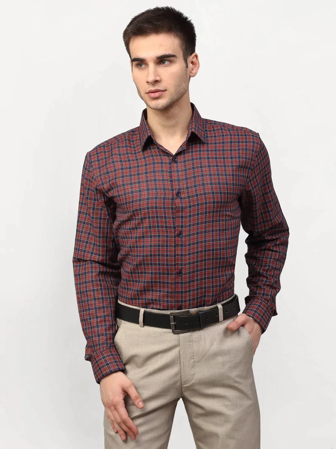 Men's Maroon Checked Formal Shirts - Taantav