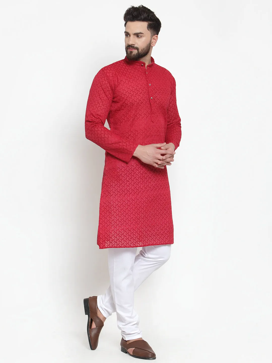 Men's Maroon Chikan Kurta Only ( Ko 561 Maroon ) - Virat Fashions