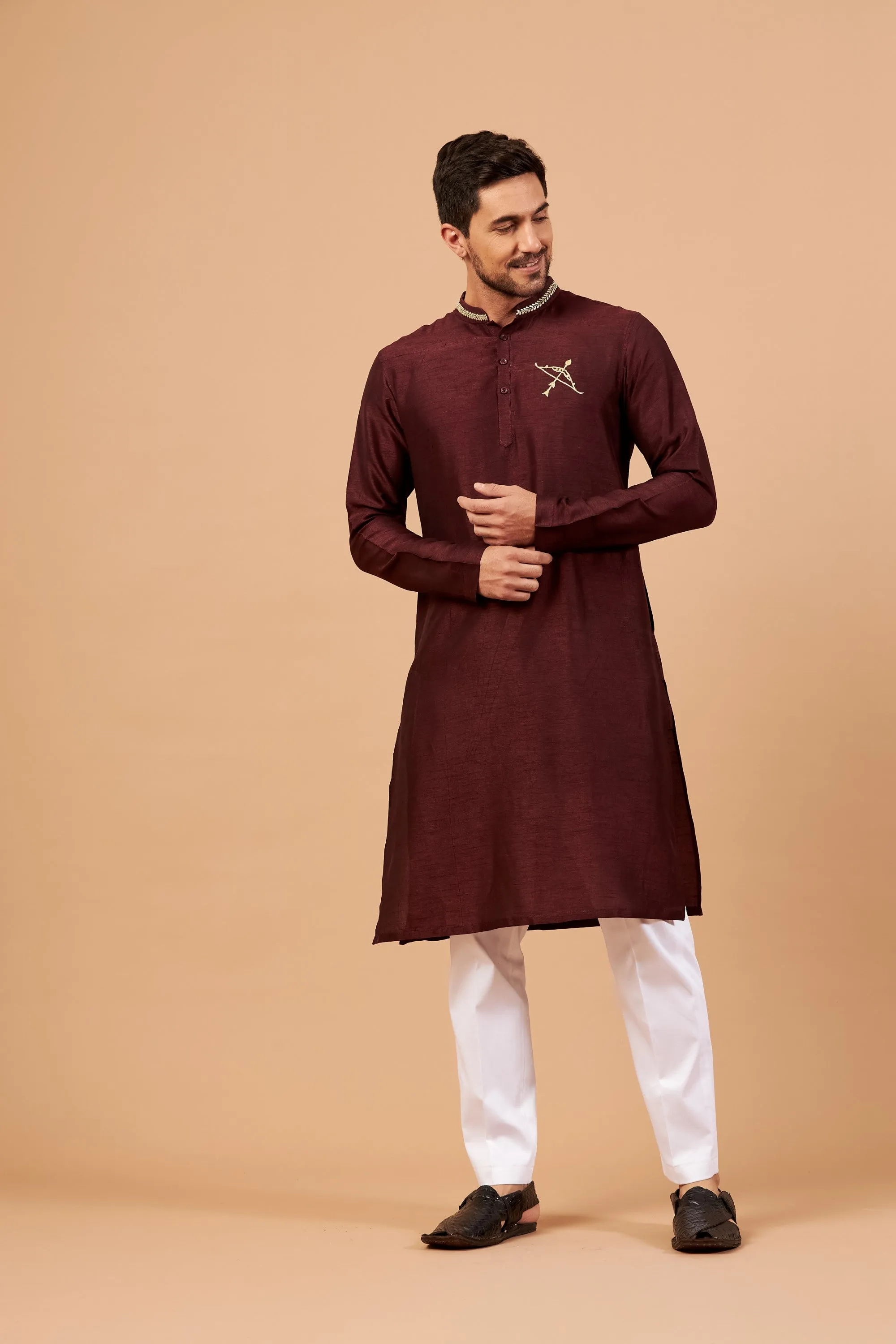 Men's Maroon Color Adira Gold Zari Embroidered Kurta Semi Raw Silk Mix - Hilo Design