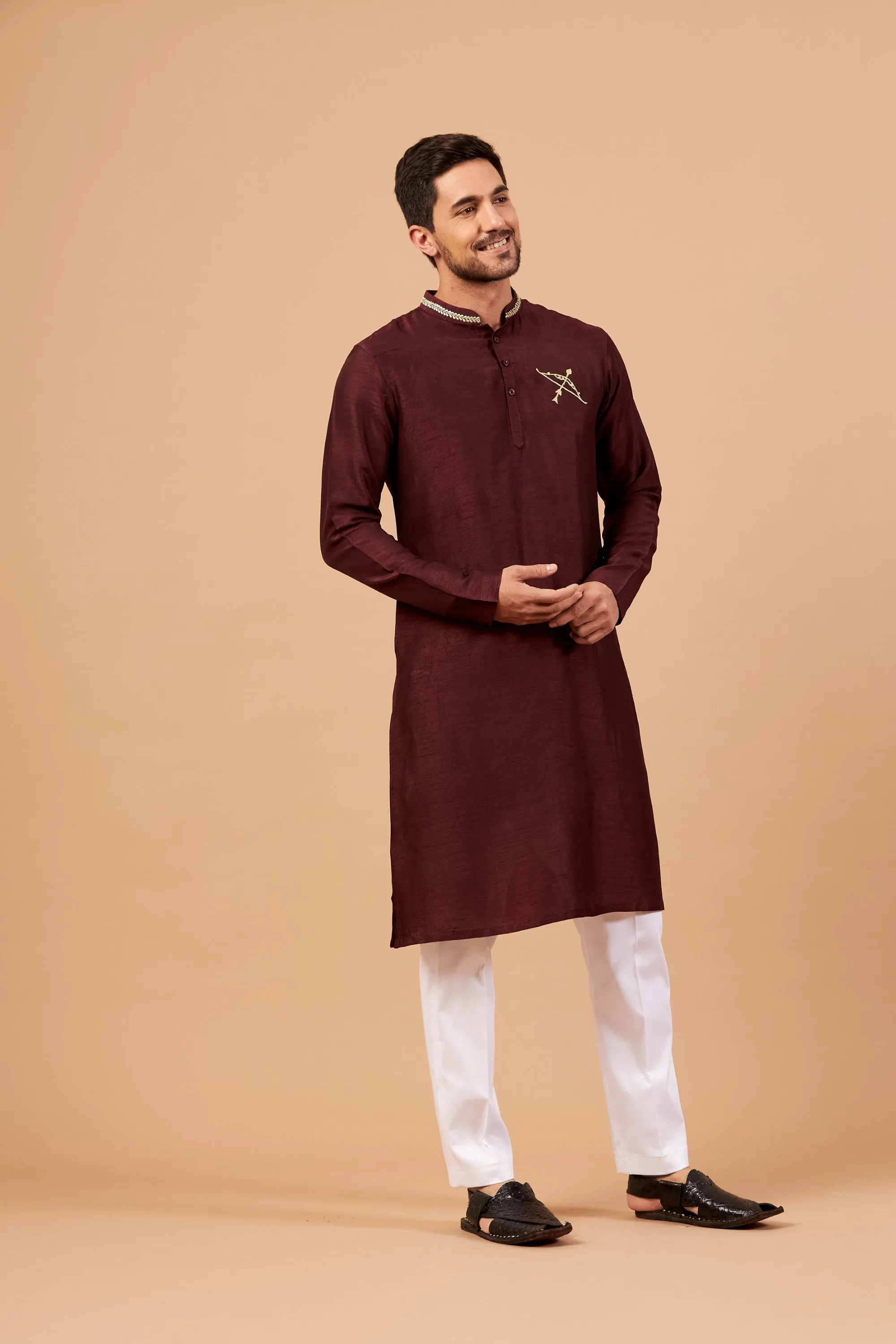 Men's Maroon Color Adira Gold Zari Embroidered Kurta Semi Raw Silk Mix - Hilo Design