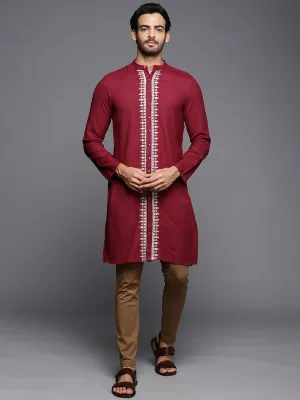 Men's Maroon Embroidered Cotton Straight Kurtas - Indo Era