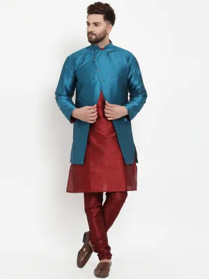 Men's Maroon Kurta With Pyjama & Peacock Blue Self Design Jacket - Benstoke