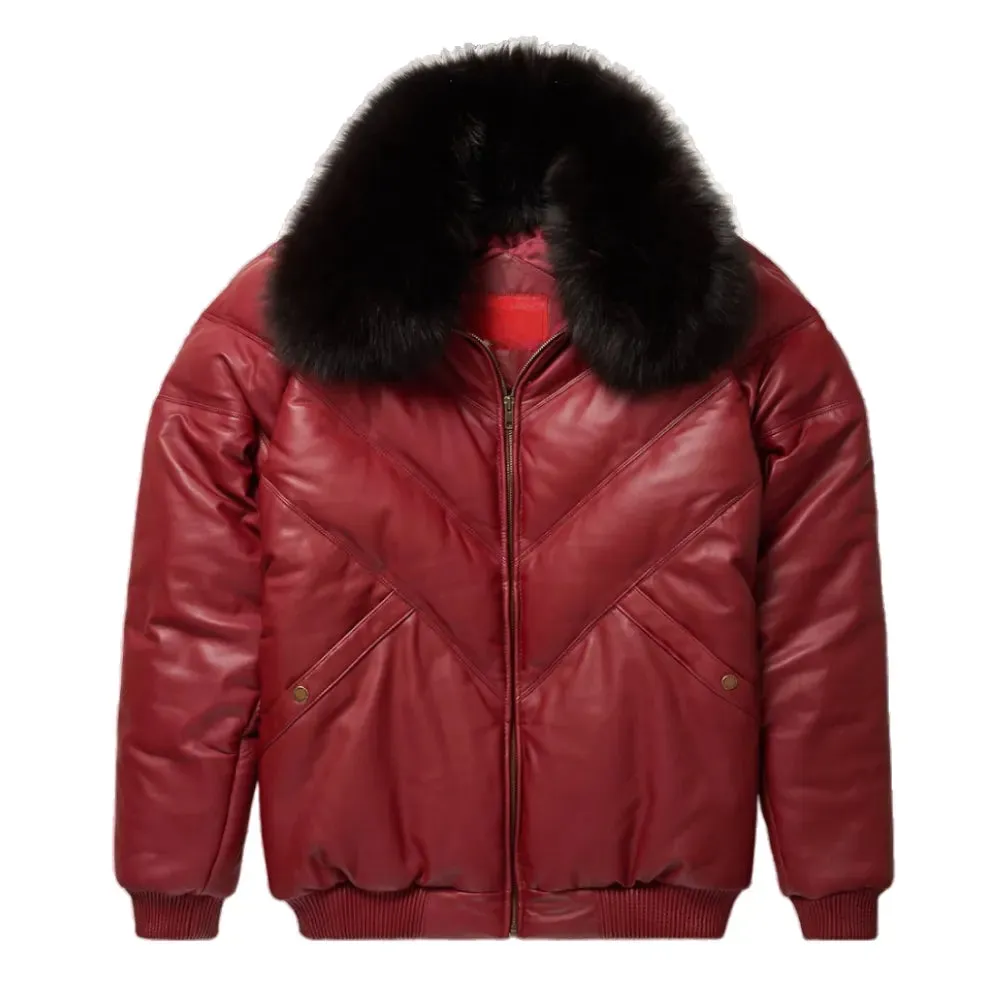 Mens Maroon Leather V Bomber Jacket