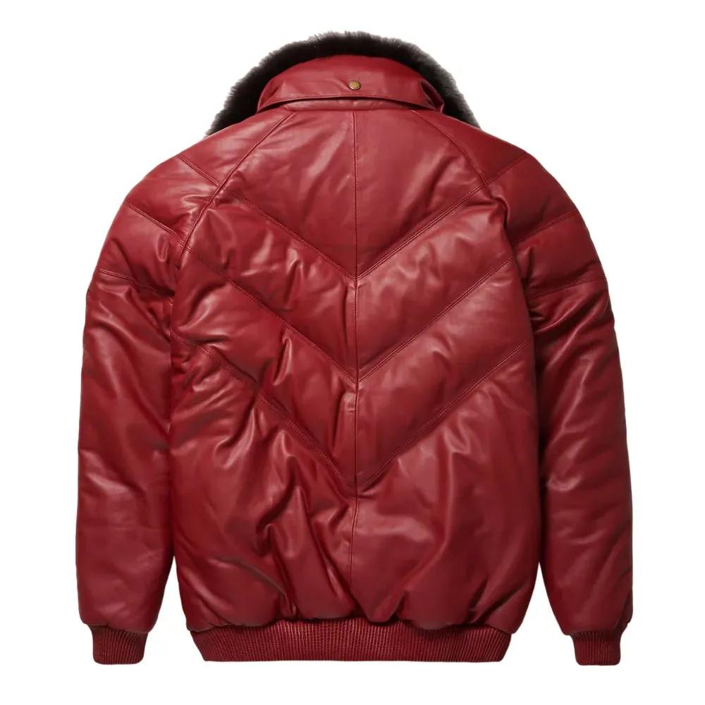 Mens Maroon Leather V Bomber Jacket