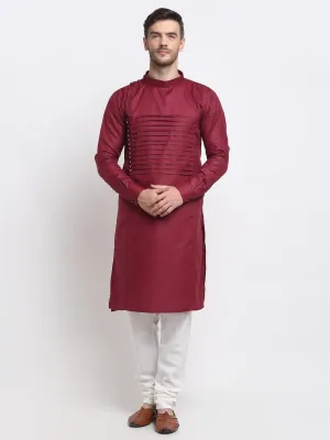 Men's Maroon Pintuck Design Kurta With White Churidaar Pyjama - Benstoke