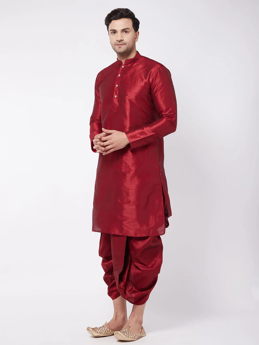 Men's Maroon Silk Blend Kurta And Dhoti Set - Vastramay