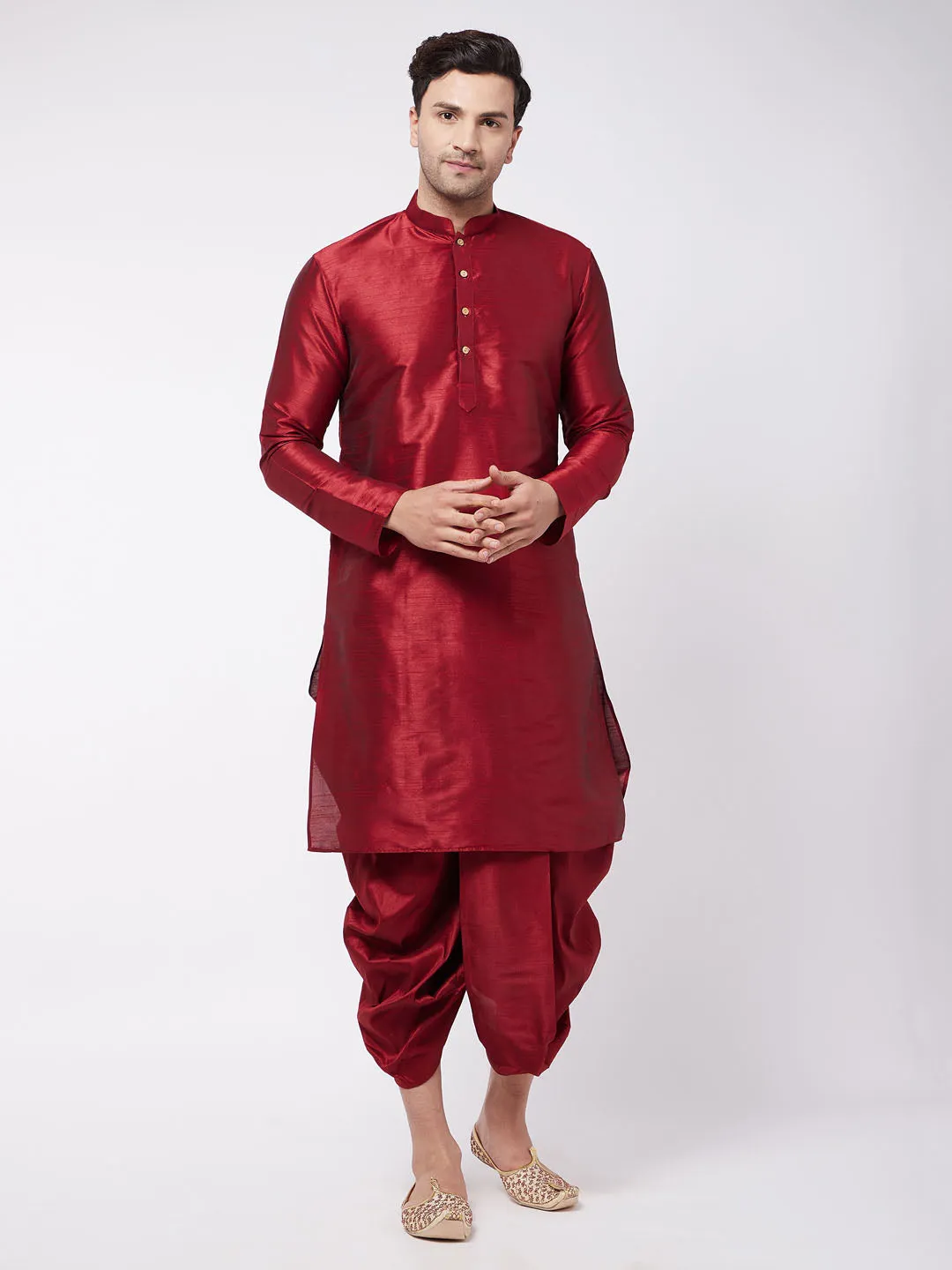 Men's Maroon Silk Blend Kurta And Dhoti Set - Vastramay