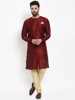 Men's Maroon Solid Kurta With Beige Churidaar Pyjama Set - Benstoke