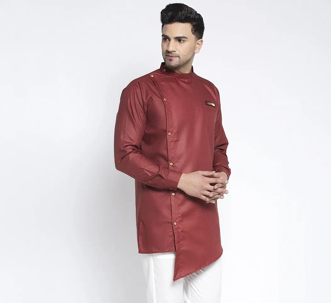 Men's Maroon Solid Short Kurta - Benstoke