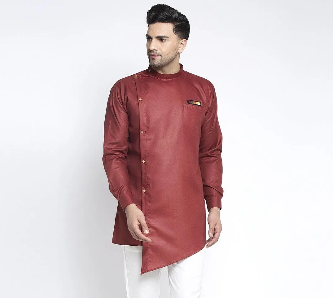 Men's Maroon Solid Short Kurta - Benstoke