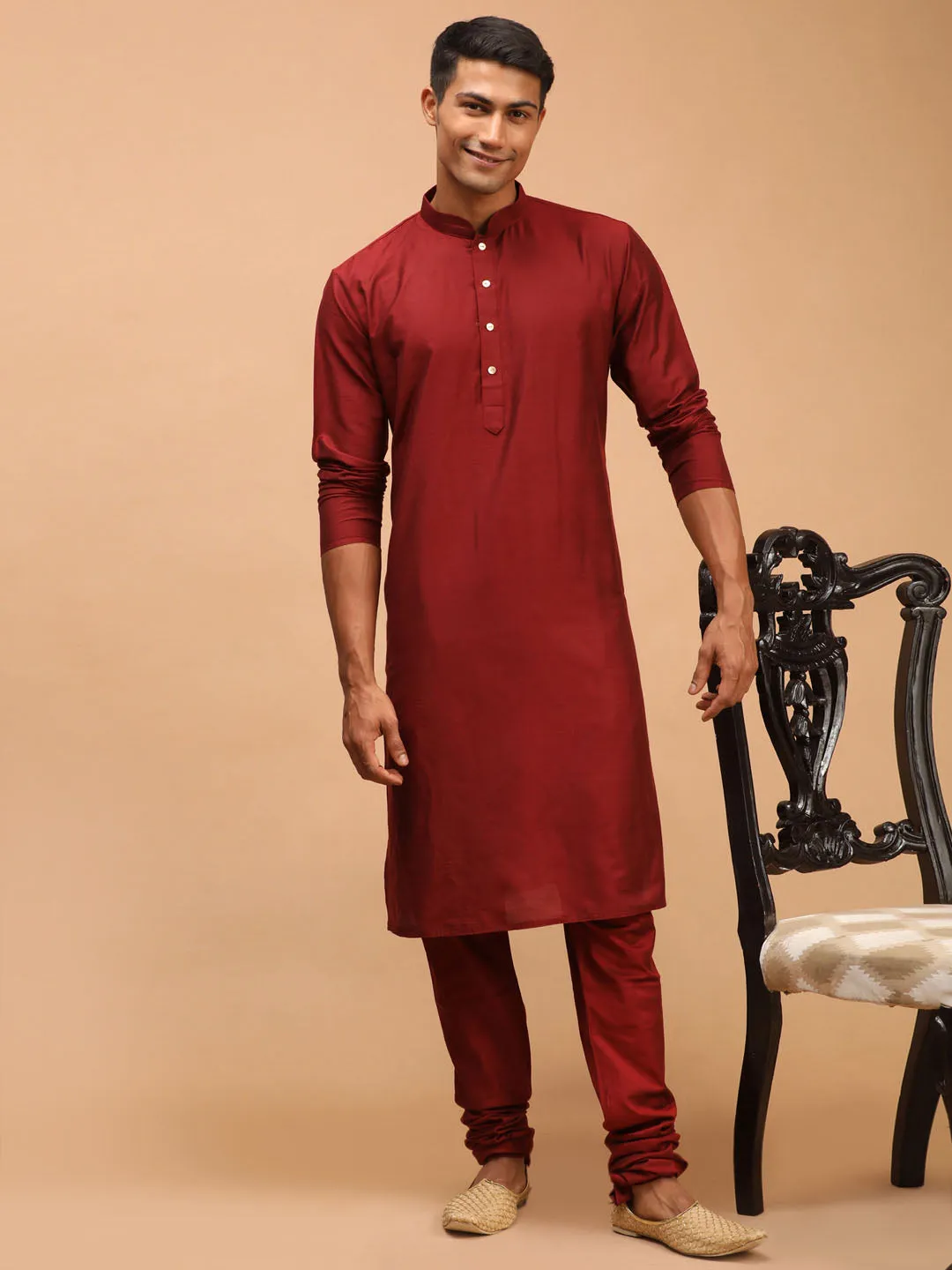 Men's Maroon Viscose Kurta Pyjama Set - Shrestha By Vastramay