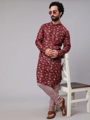 Men's Maroon White Floral Print Kurta With Churidar - Aks Men