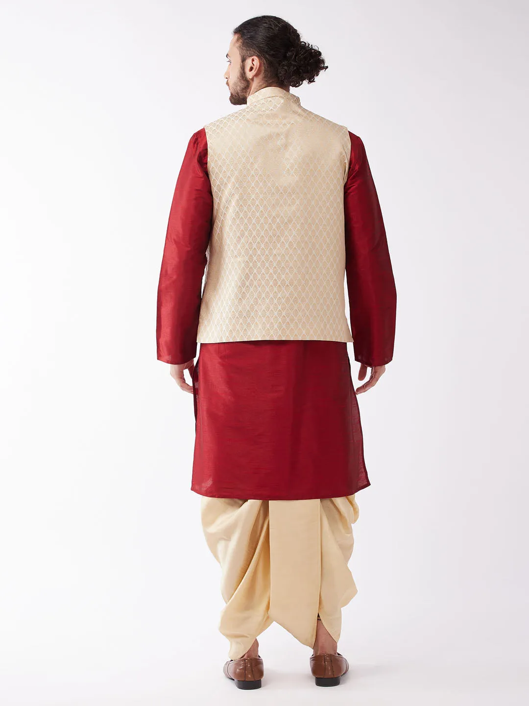 Men's Maroon,Cream And Gold Silk Blend Jacket, Kurta And Dhoti Set - Vastramay