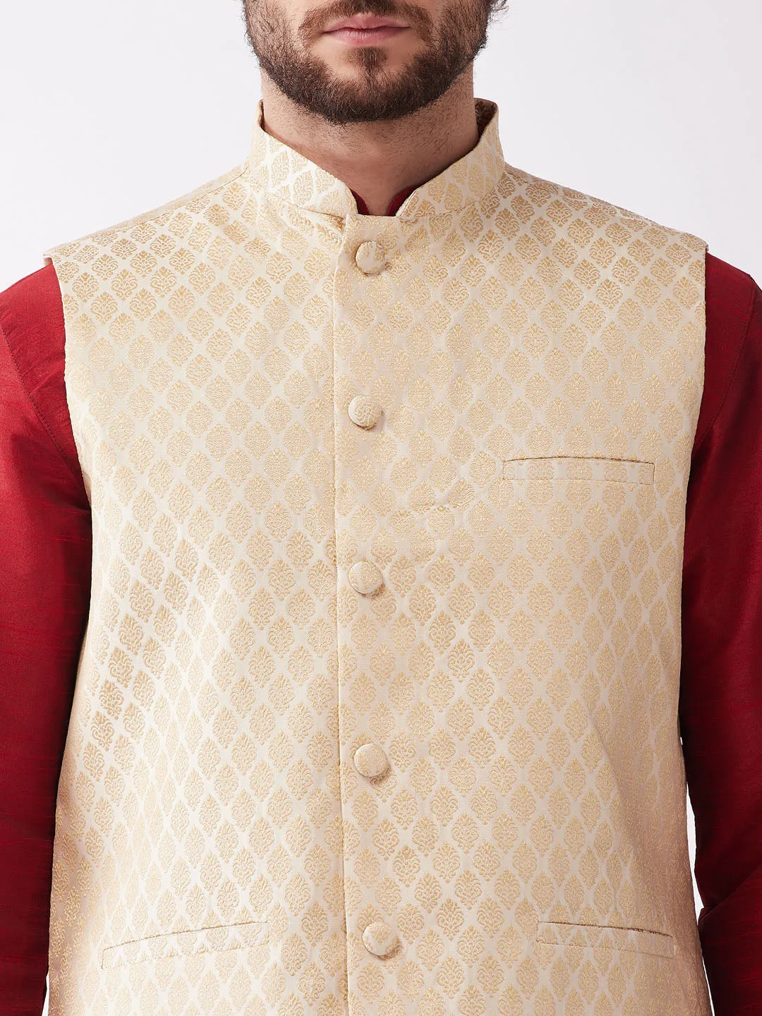 Men's Maroon,Cream And Gold Silk Blend Jacket, Kurta And Dhoti Set - Vastramay