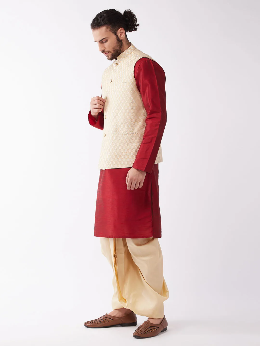 Men's Maroon,Cream And Gold Silk Blend Jacket, Kurta And Dhoti Set - Vastramay