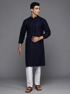 Men's Men  Navy Blue Floral Cotton Embroidered Straight Kurtas - Indo Era