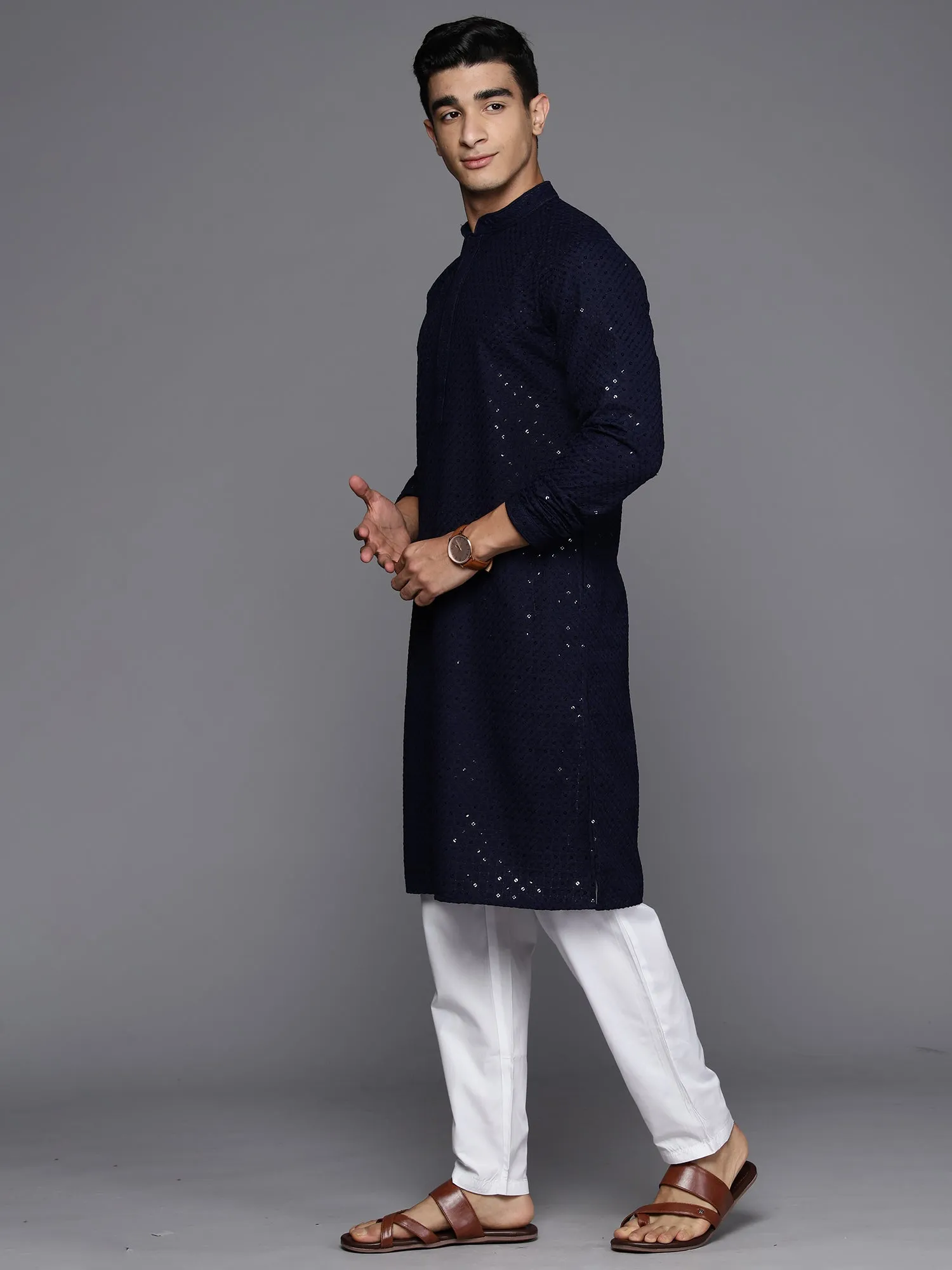 Men's Men  Navy Blue Floral Cotton Embroidered Straight Kurtas - Indo Era