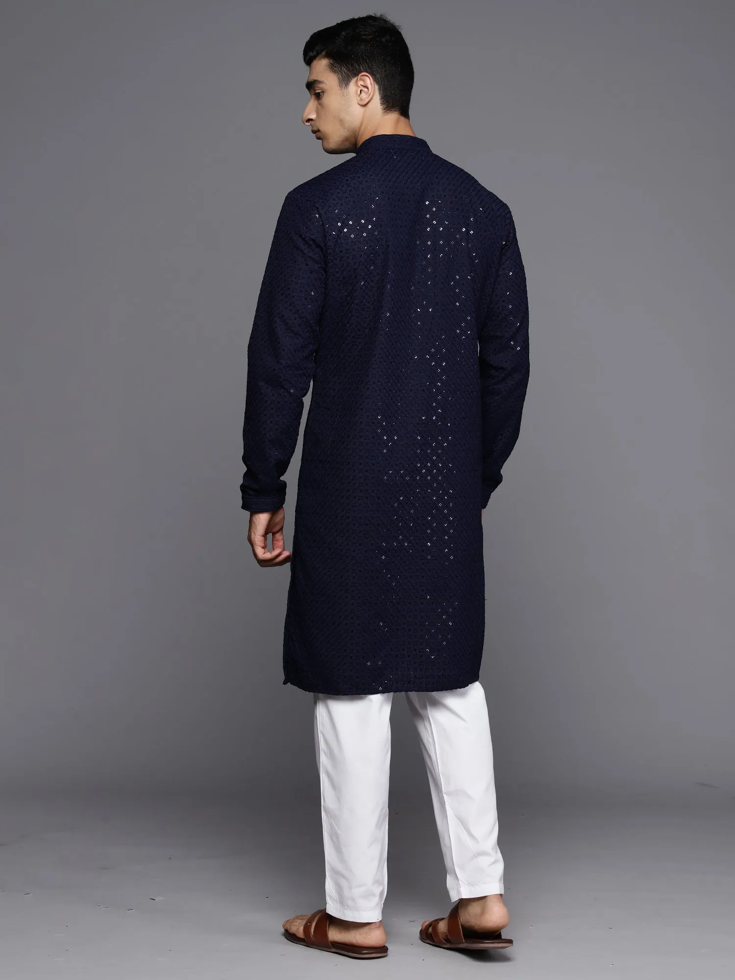 Men's Men  Navy Blue Floral Cotton Embroidered Straight Kurtas - Indo Era