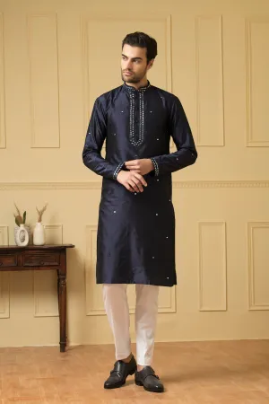 Men's Mid Night Blue Silk Mirror Kurta - Hilo Design