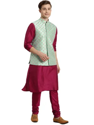 Men's Mint Green And Pink Poly Viscose Jacket, Kurta And Pyjama Set - Shrestha By Vastramay