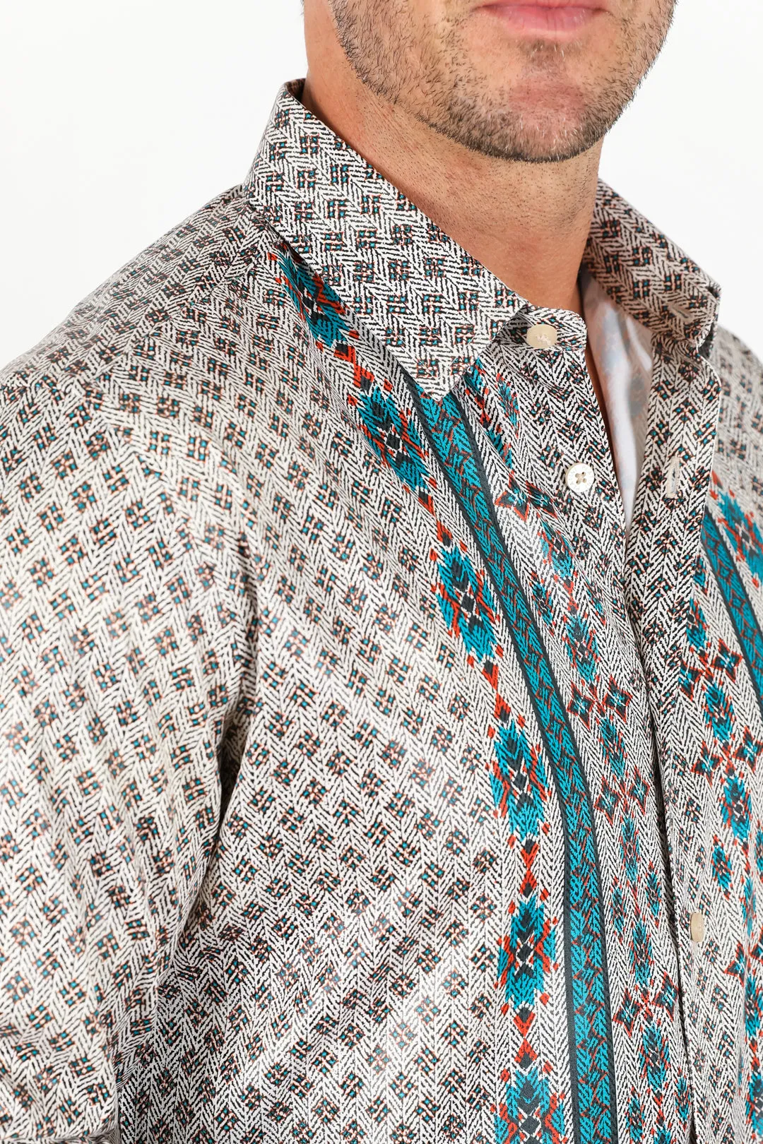 Mens Modern Fit Stretch Aztec Foiled Shirt - Beige