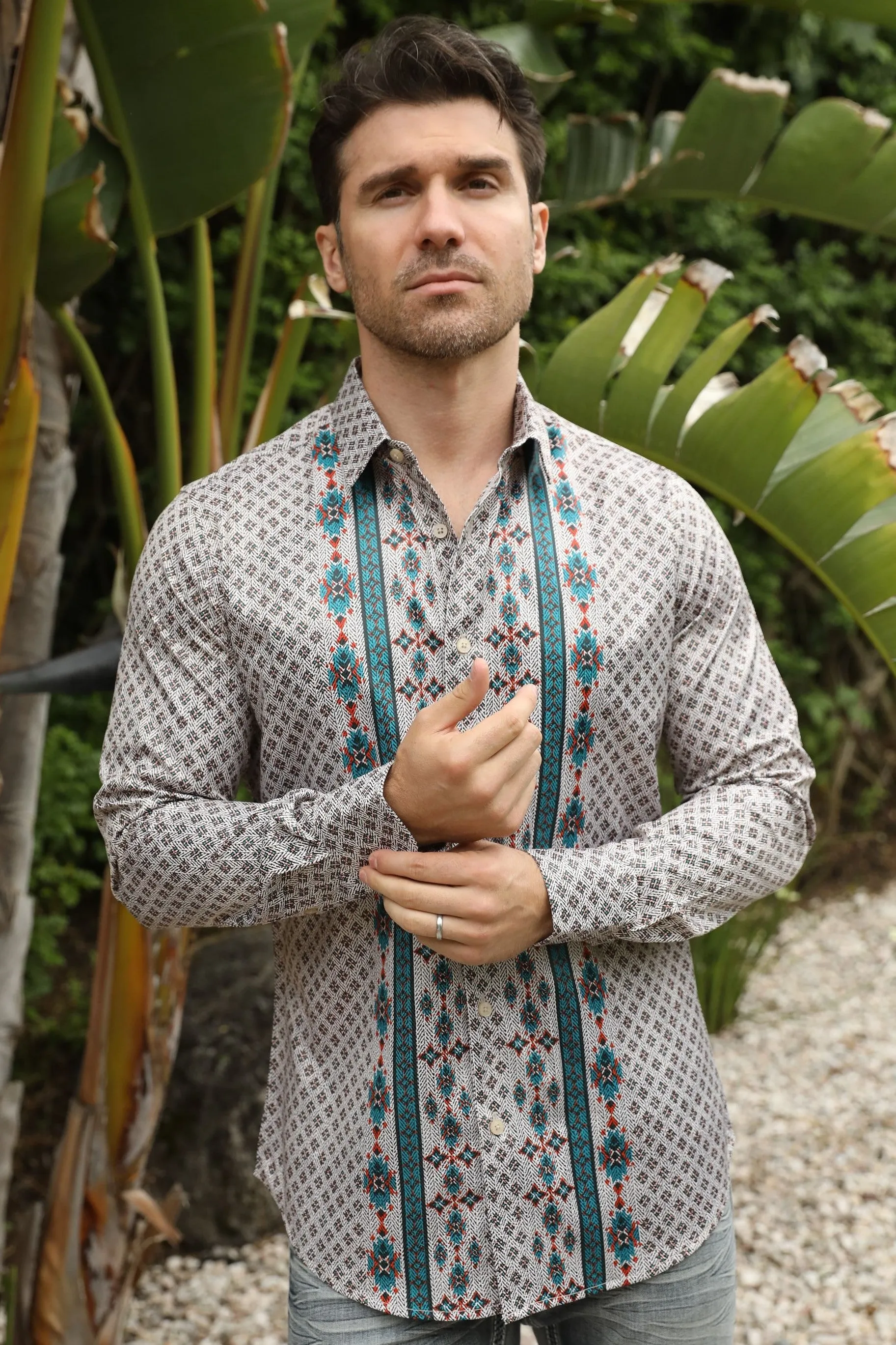 Mens Modern Fit Stretch Aztec Foiled Shirt - Beige