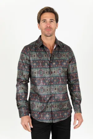 Mens Modern Fit Stretch Aztec Foiled Shirt - Brown