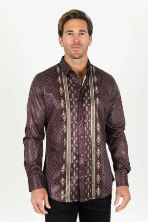 Mens Modern Fit Stretch Aztec Foiled Shirt - Wine