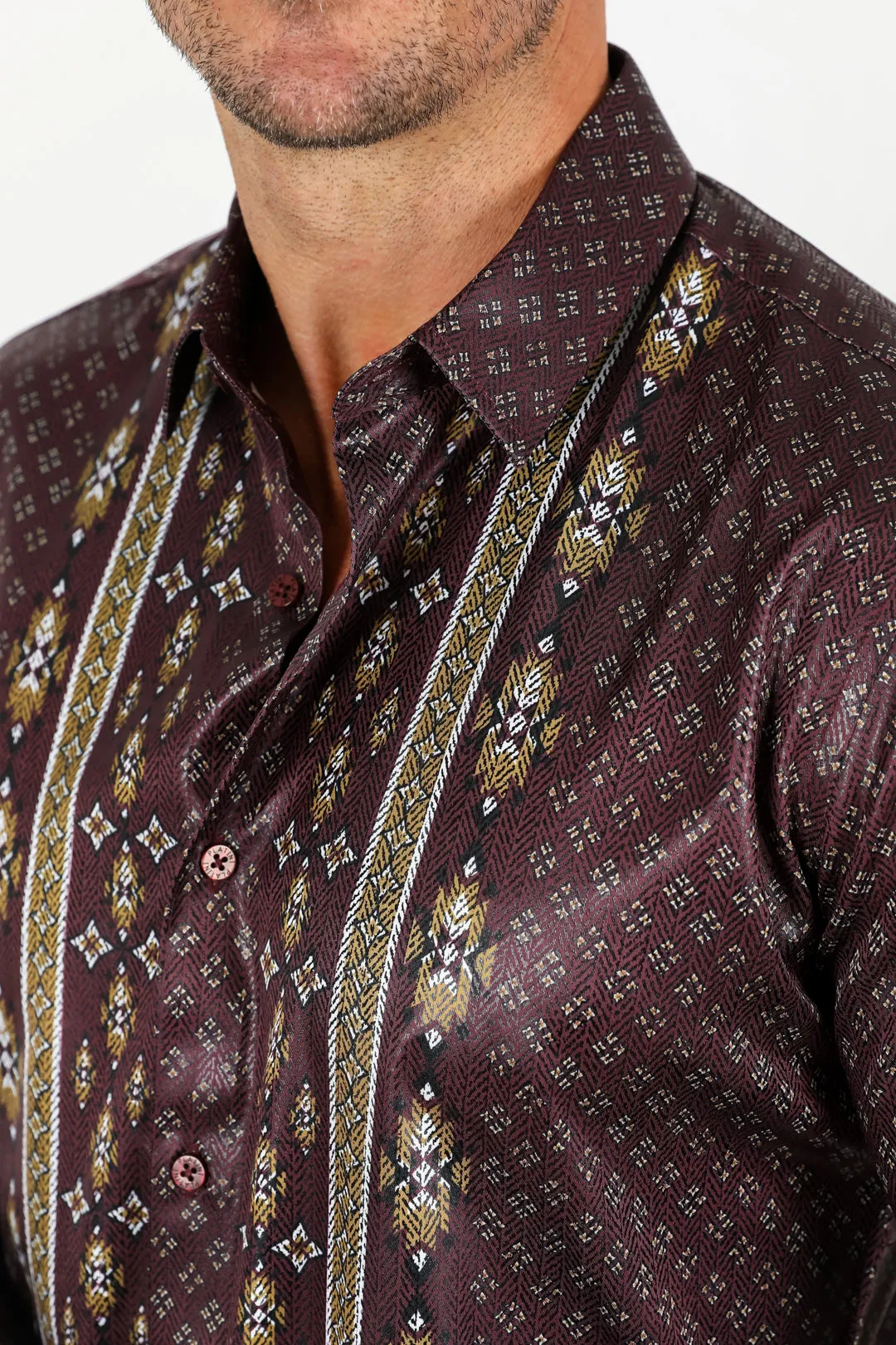 Mens Modern Fit Stretch Aztec Foiled Shirt - Wine