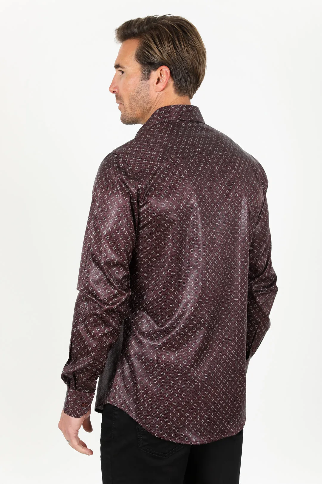 Mens Modern Fit Stretch Aztec Foiled Shirt - Wine