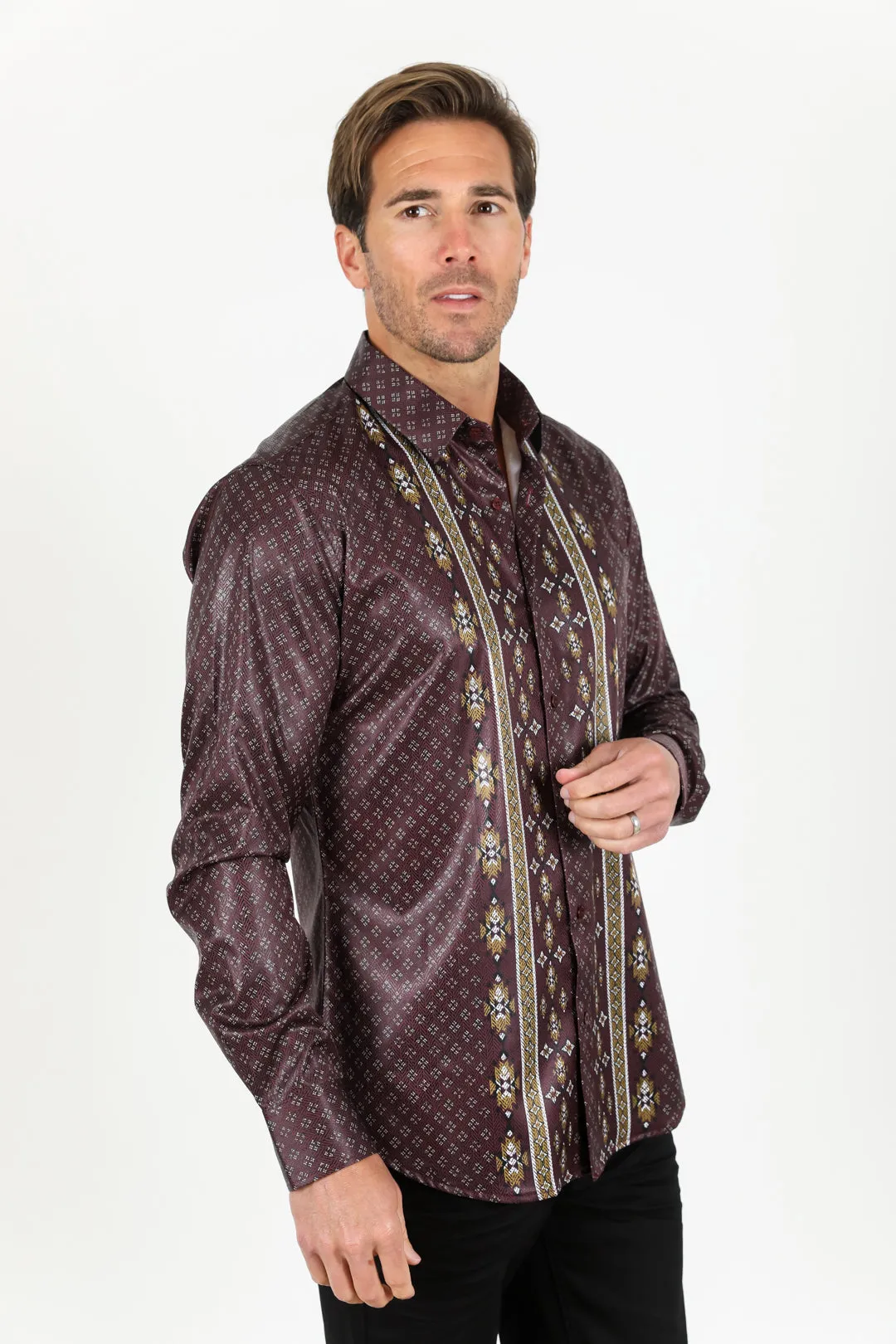 Mens Modern Fit Stretch Aztec Foiled Shirt - Wine