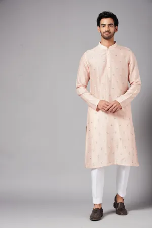 Men's Moori Small Flower Motifs All Over Peach Embroidered Kurta With Crop Pants - Hilo Design