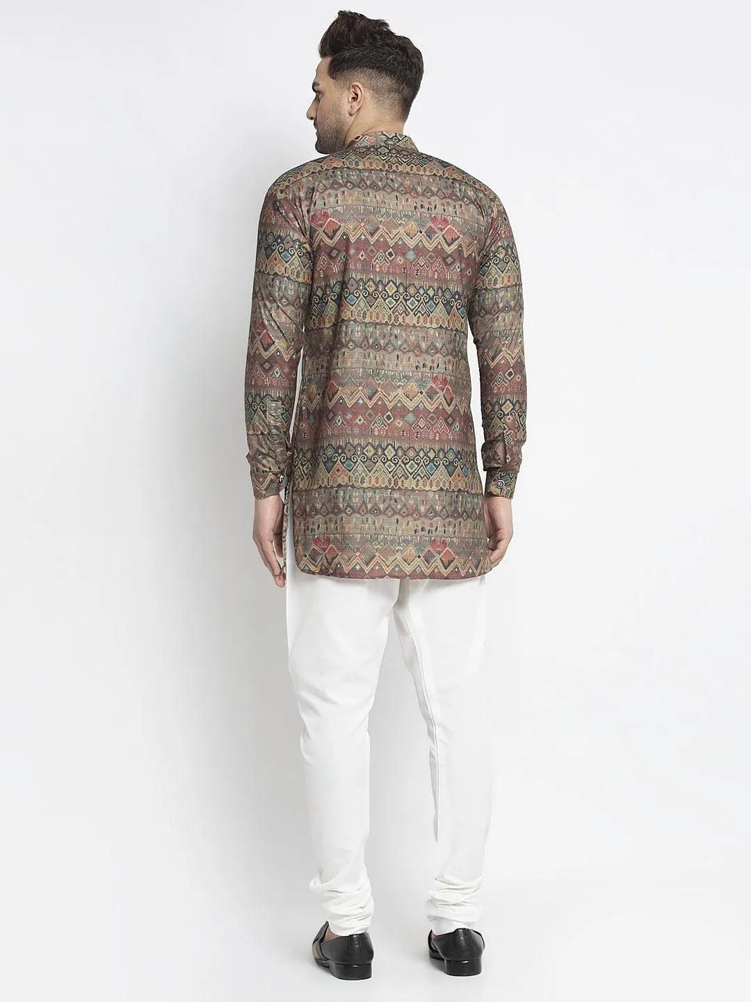 Men's Multicolored Printed Short Kurta With White Pyjama - Benstoke