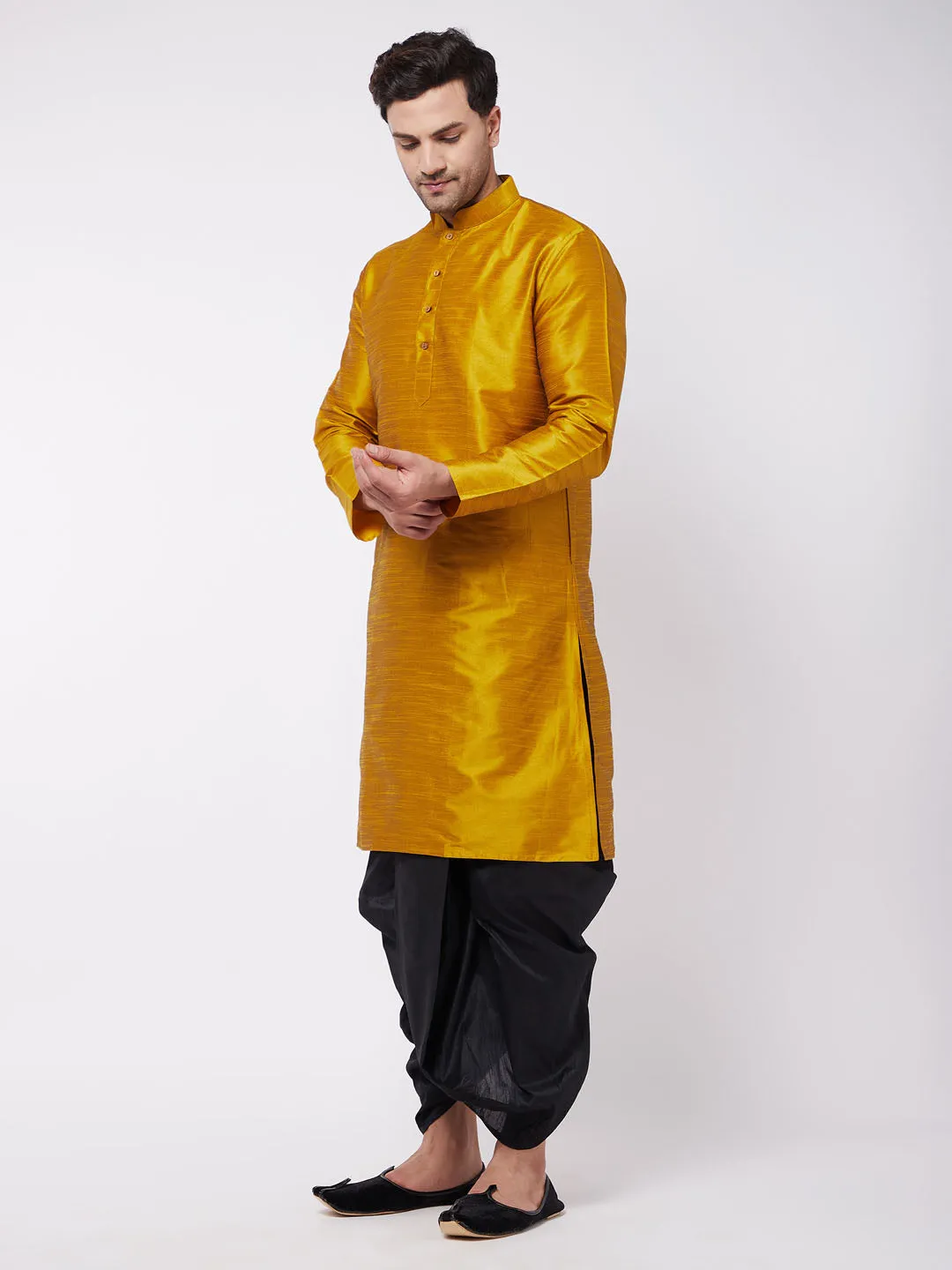 Men's Mustard And Black Silk Blend Kurta And Dhoti Set - Vastramay