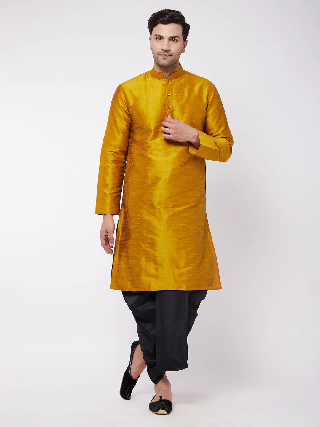 Men's Mustard And Black Silk Blend Kurta And Dhoti Set - Vastramay