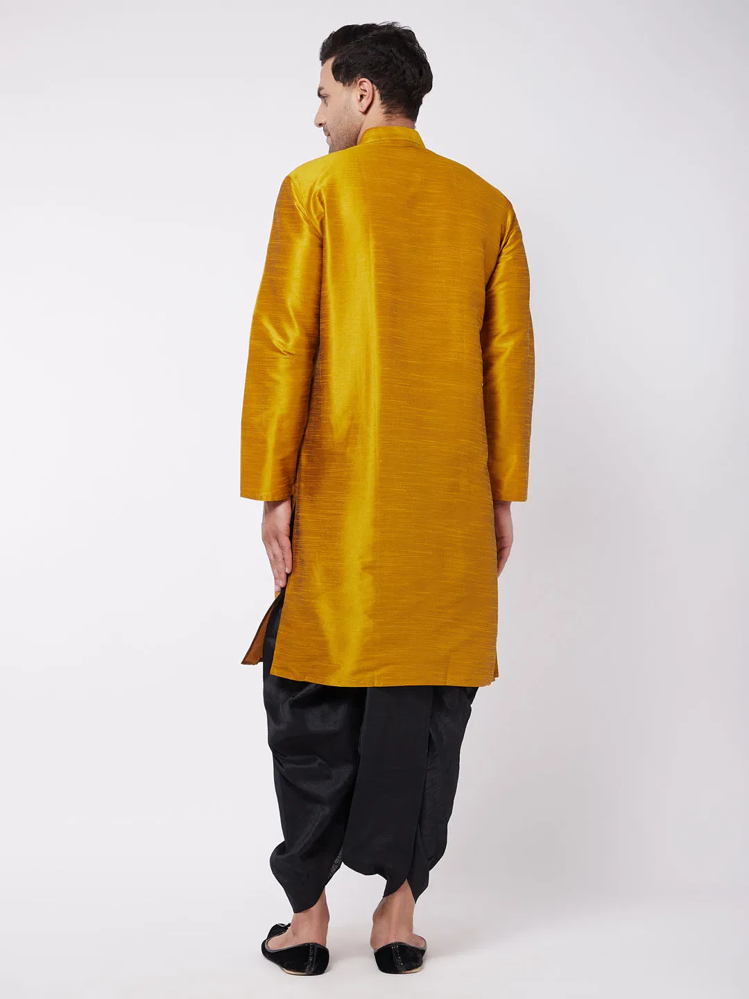 Men's Mustard And Black Silk Blend Kurta And Dhoti Set - Vastramay