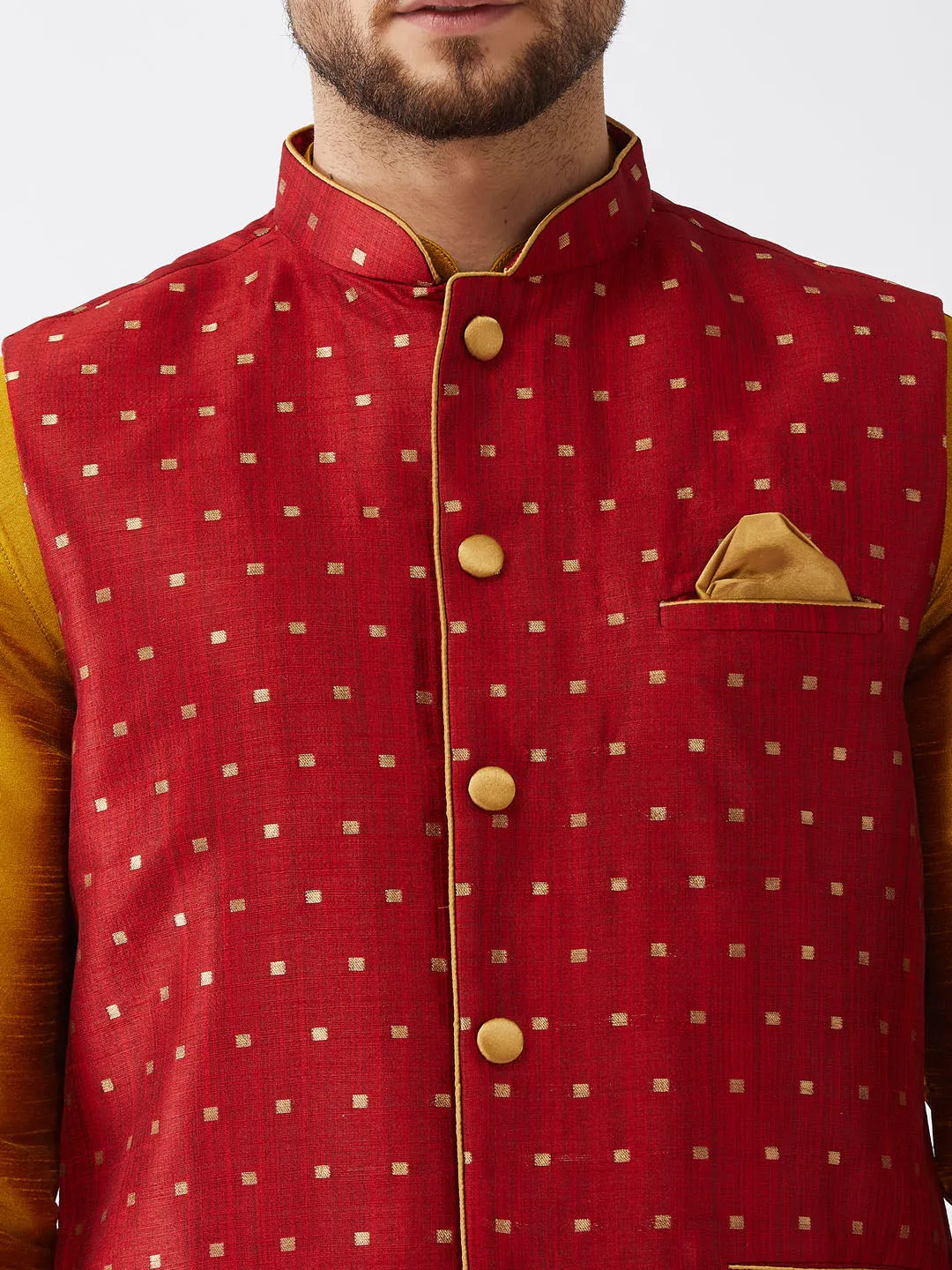 Men's Mustard And Maroon Silk Blend Jacket, Kurta And Dhoti Set - Vastramay