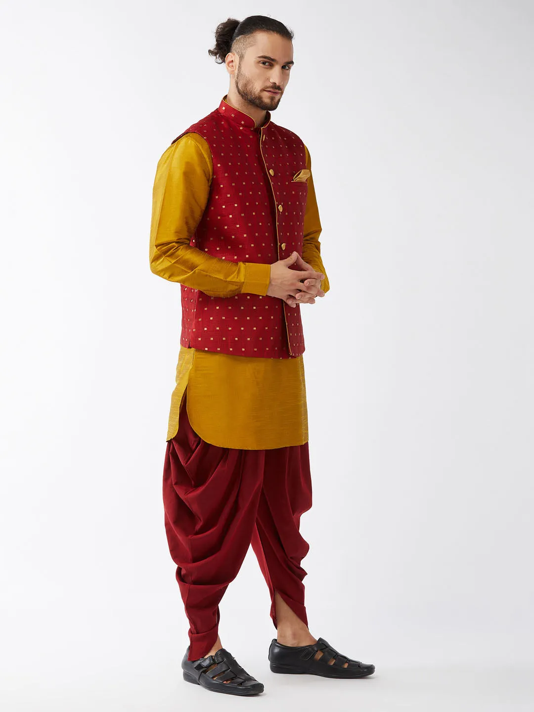 Men's Mustard And Maroon Silk Blend Jacket, Kurta And Dhoti Set - Vastramay