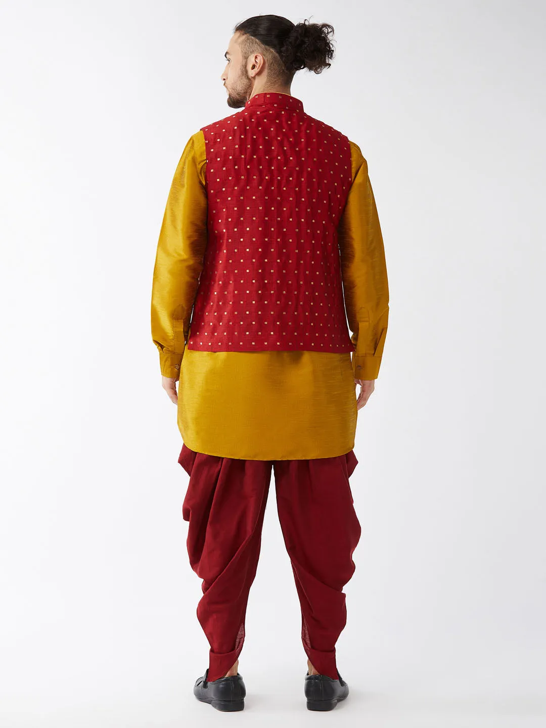 Men's Mustard And Maroon Silk Blend Jacket, Kurta And Dhoti Set - Vastramay