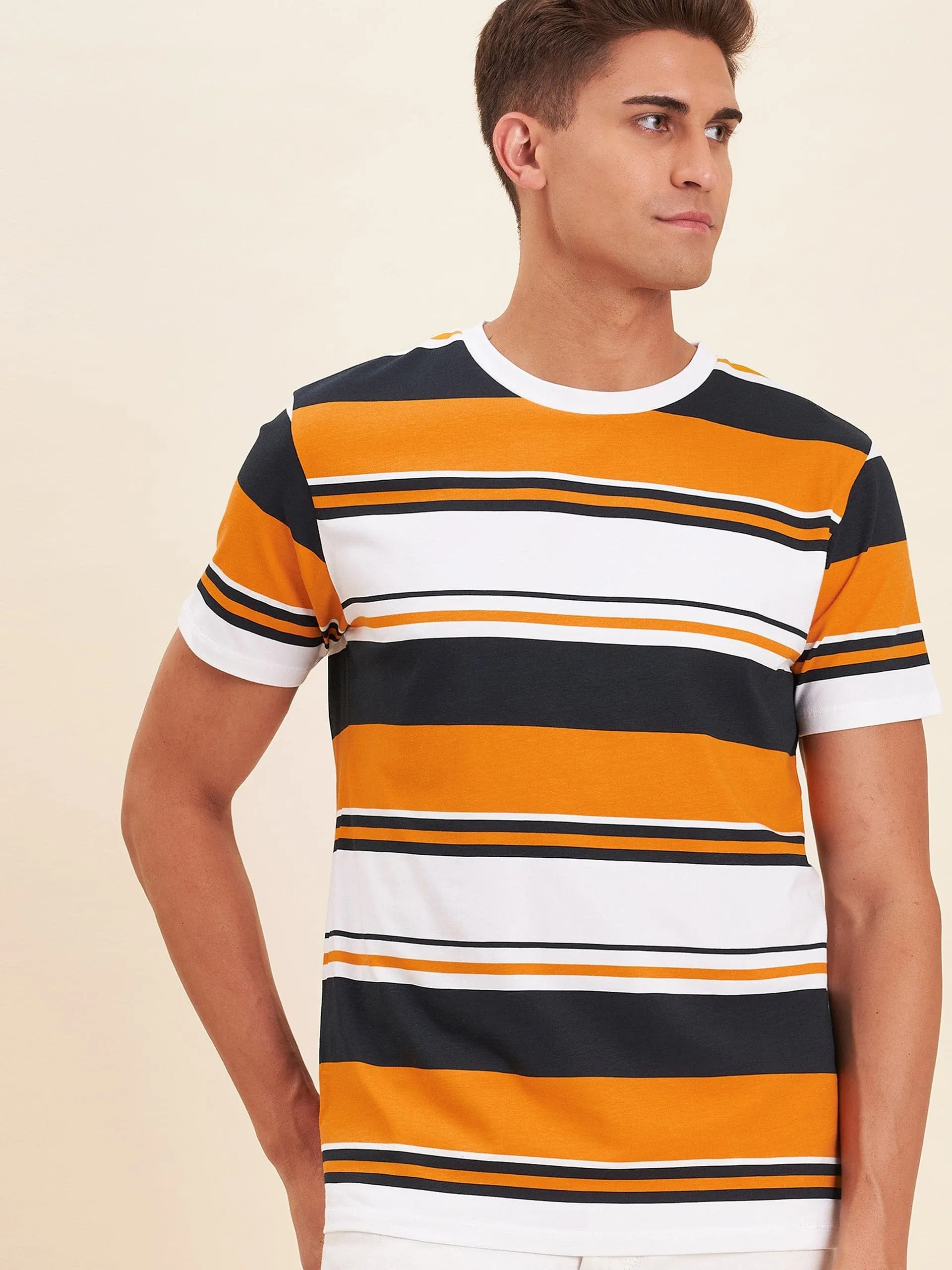 Men's Mustard Multi Stripes Cotton T-Shirt - LYUSH-MASCLN