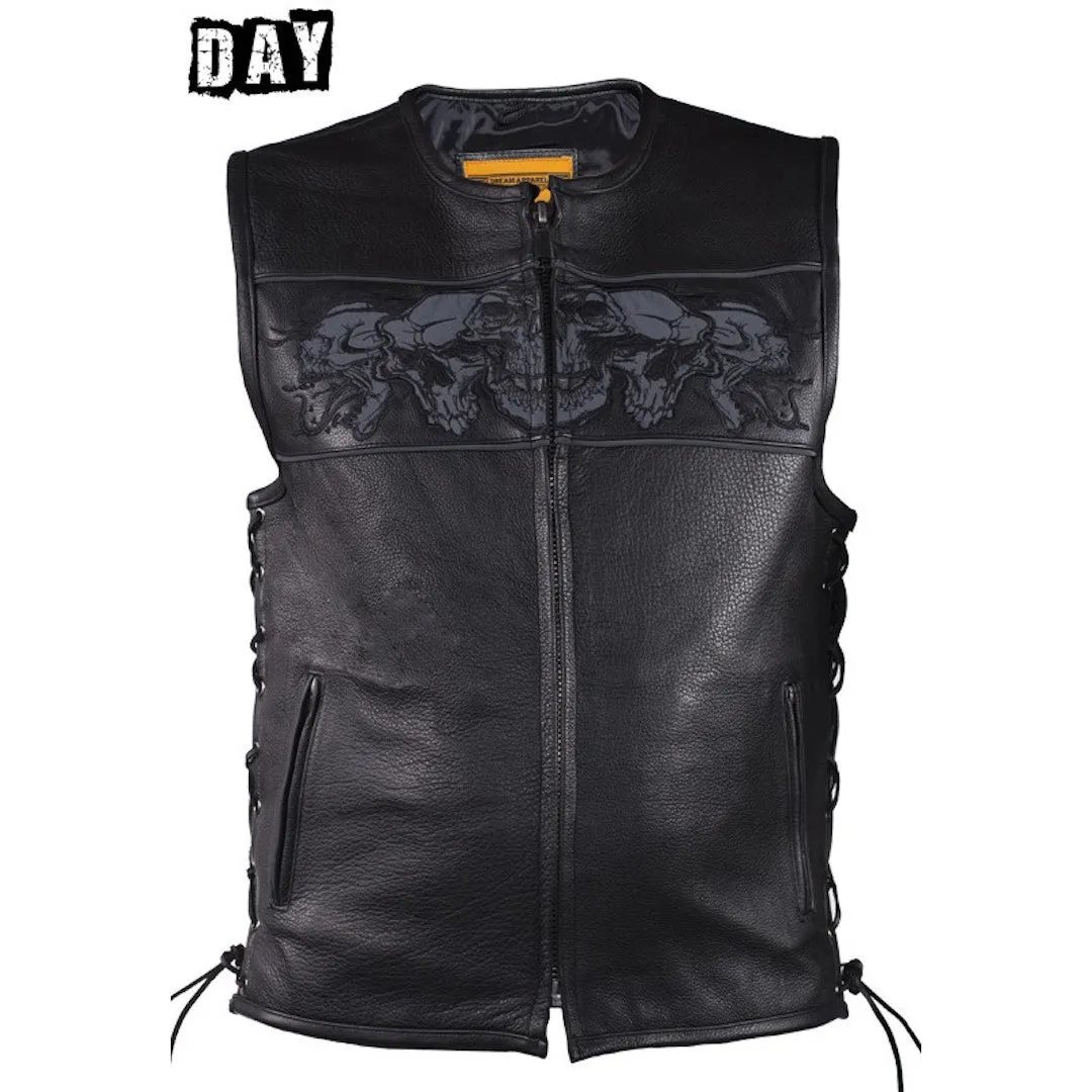 Mens Naked Leather Motorcycle Vest With Reflective Skulls & Gun Pockets