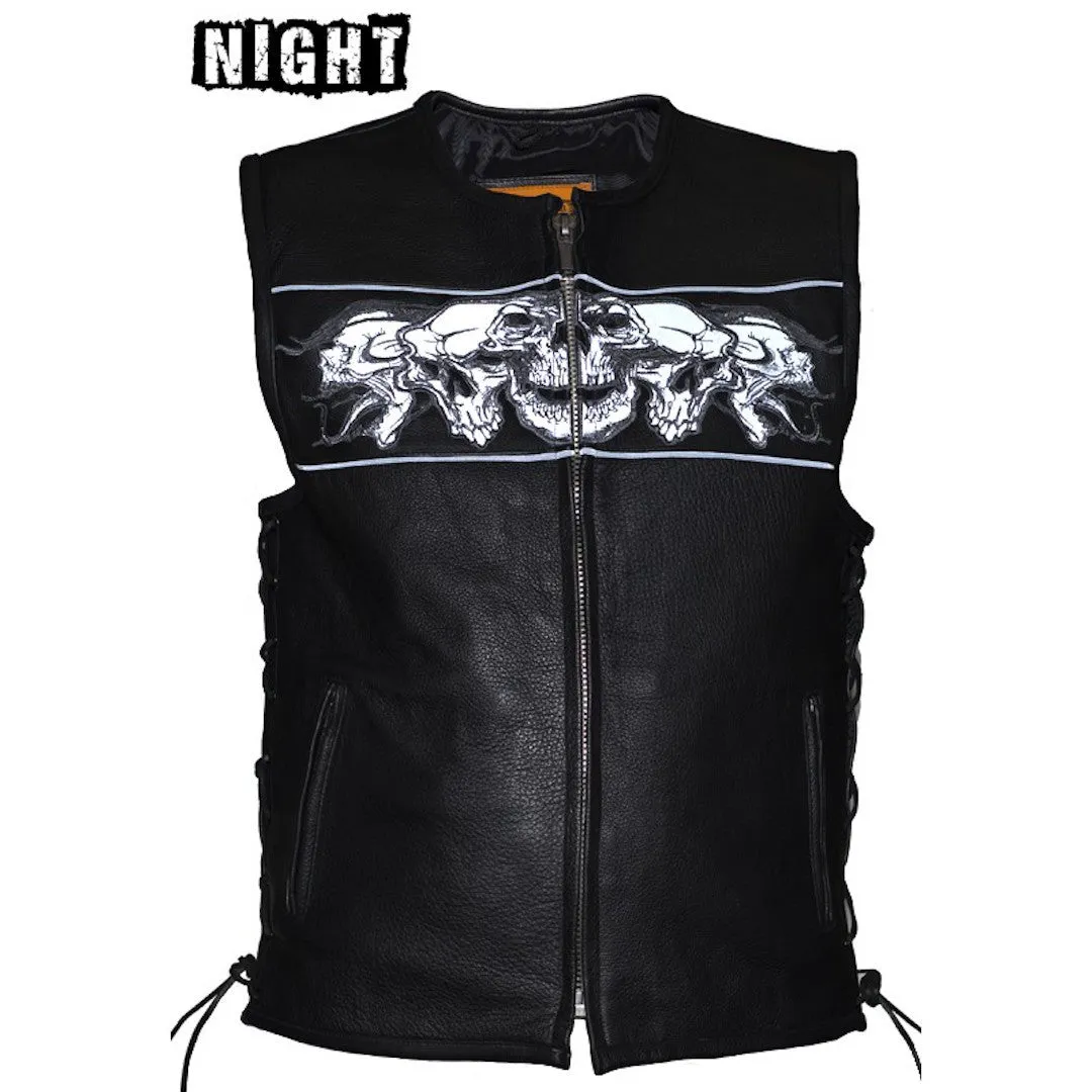 Mens Naked Leather Motorcycle Vest With Reflective Skulls & Gun Pockets