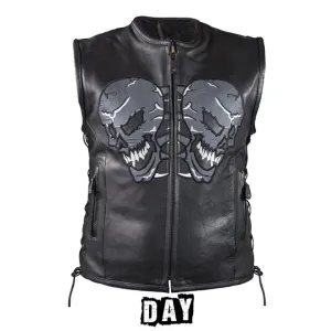 Mens Naked Leather Reflective Skull Motorcycle Vest With Side Laces