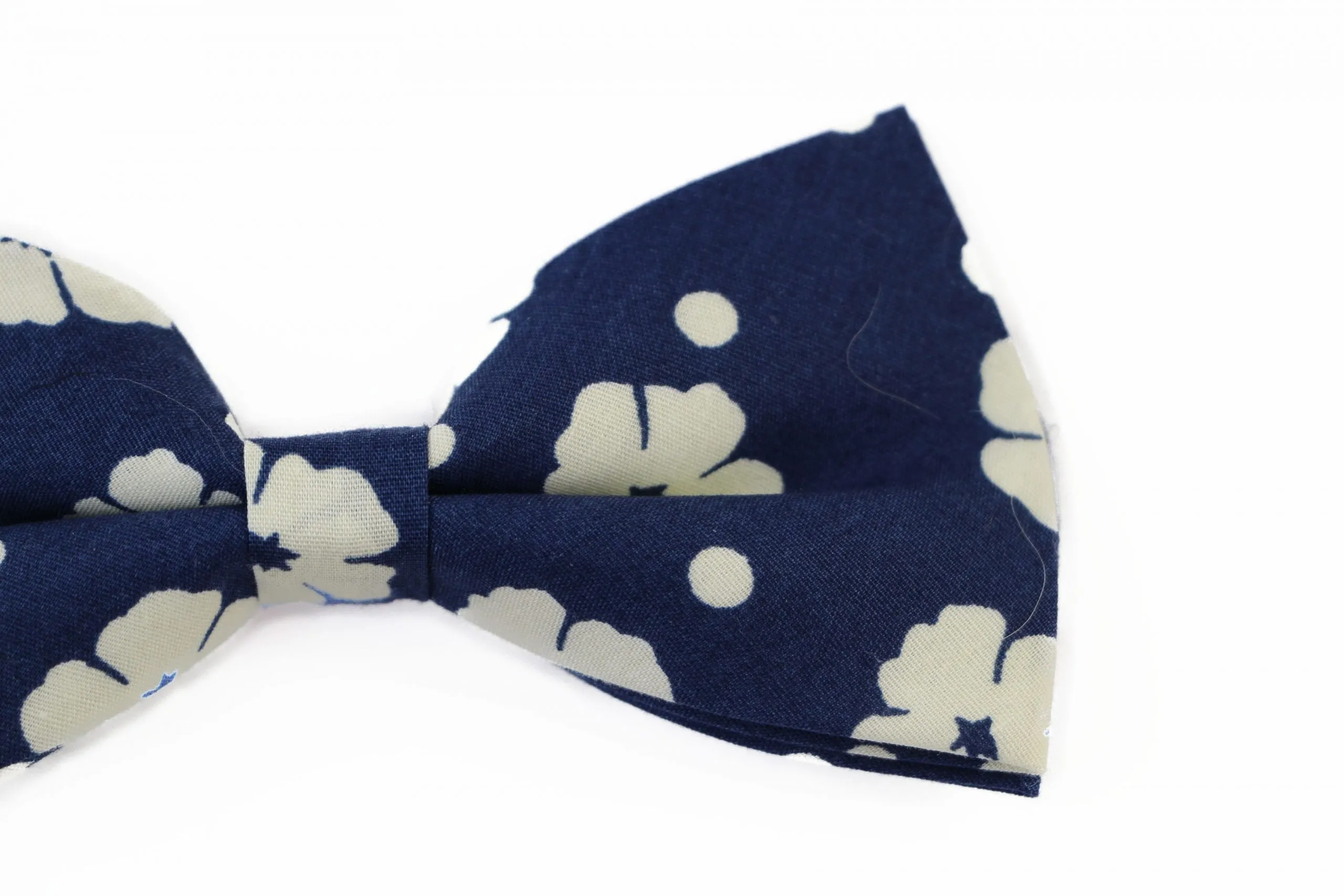 Mens Navy & Cream Flowers Cotton Bow Tie & Pocket Square Set