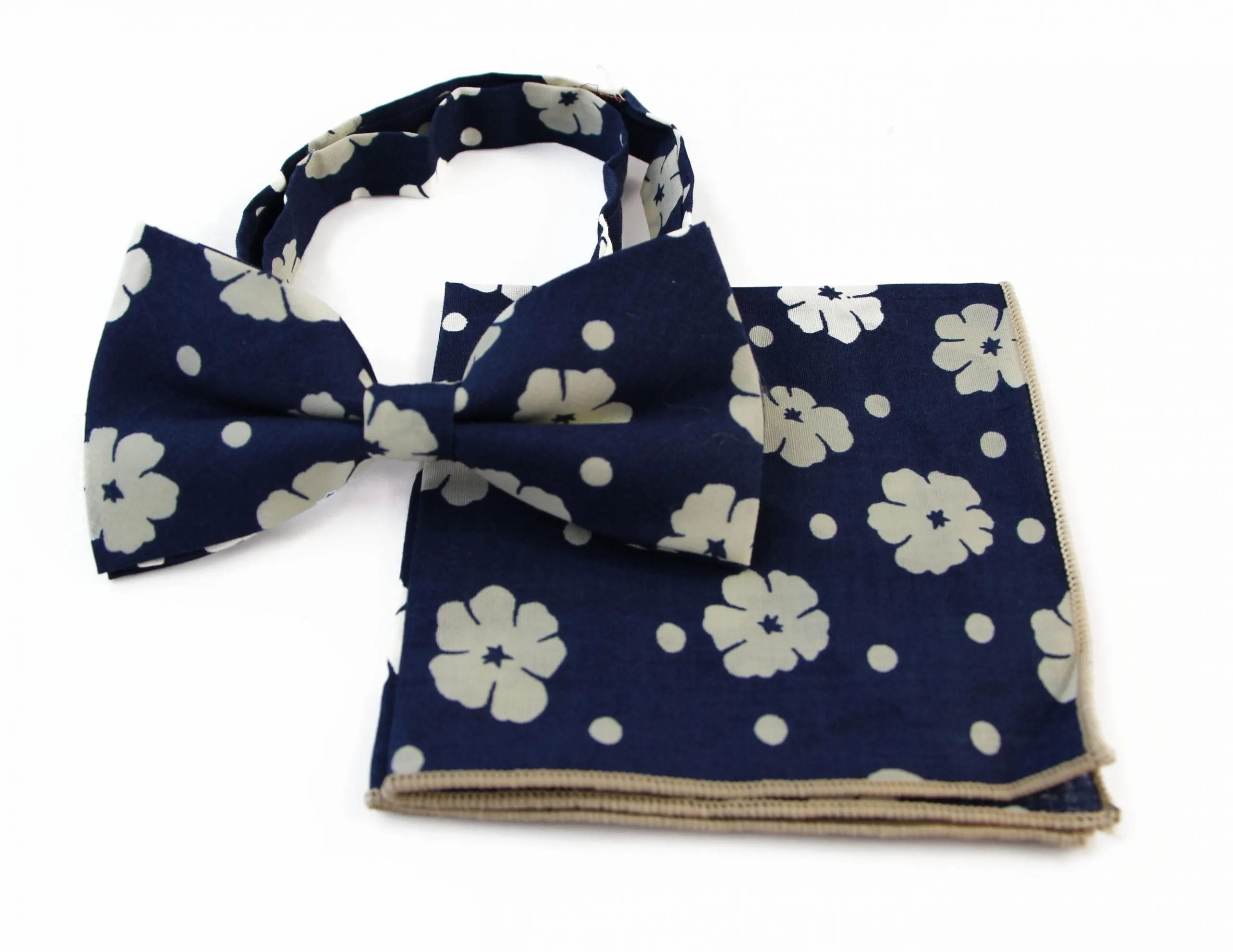 Mens Navy & Cream Flowers Cotton Bow Tie & Pocket Square Set