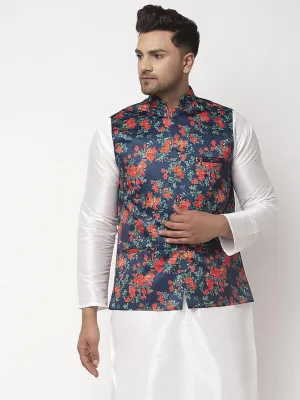 Men's Navy Blue & Orange Printed Nehru Jacket - Benstoke