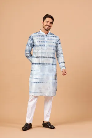 Men's Navy Blue & White Color Blutin Navy Blue Tie & Die Kurta Semi Rawsilk Mix - Hilo Design