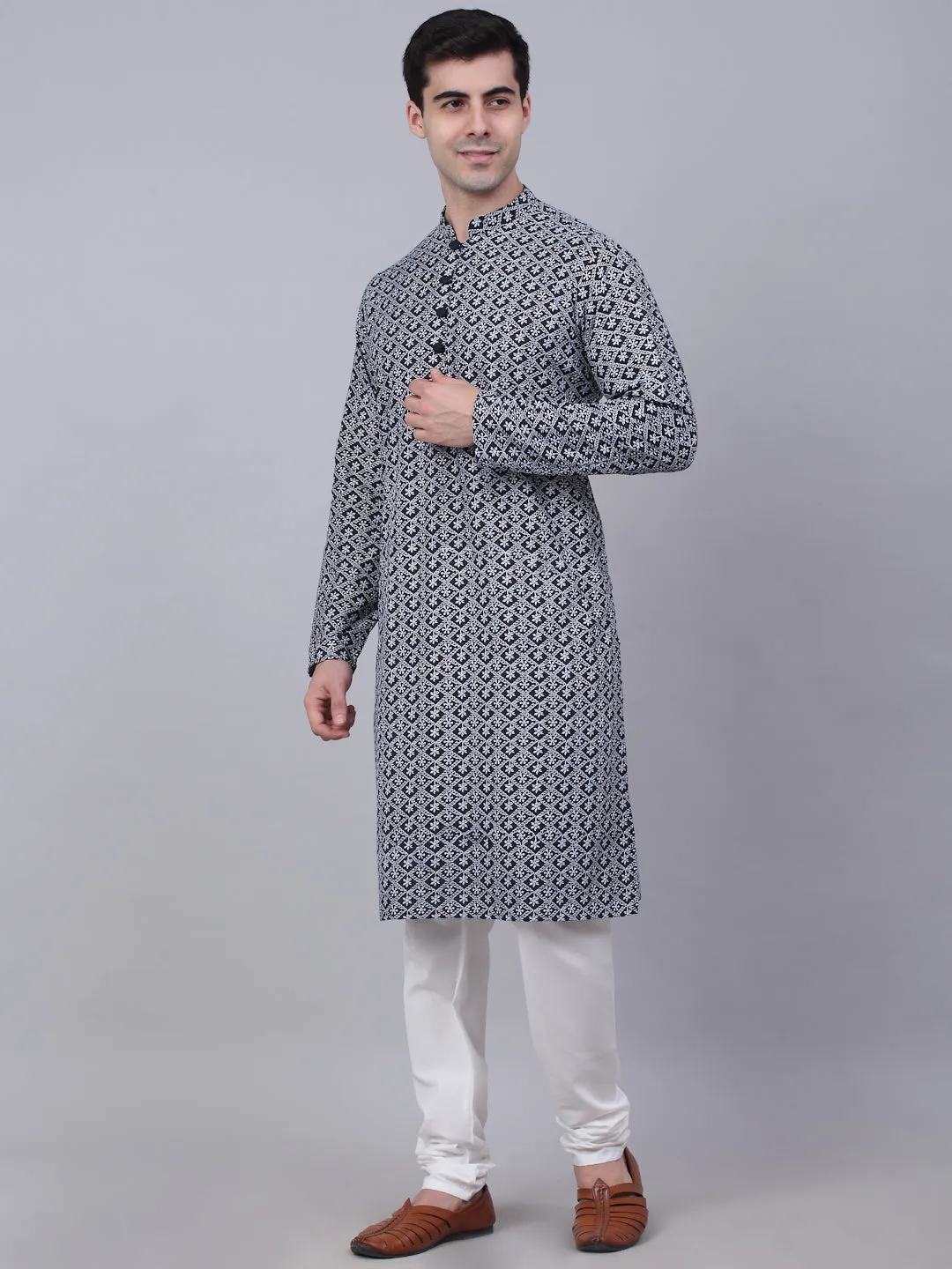 Men's Navy Blue & White Embroidered Straight Kurta Pyjama Set ( Jokp 626 Navy ) - Virat Fashions