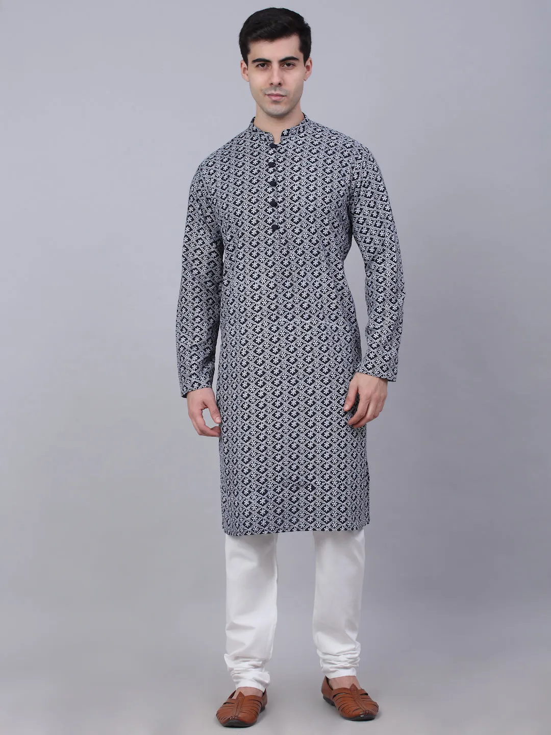 Men's Navy Blue & White Embroidered Straight Kurta Pyjama Set ( Jokp 626 Navy ) - Virat Fashions